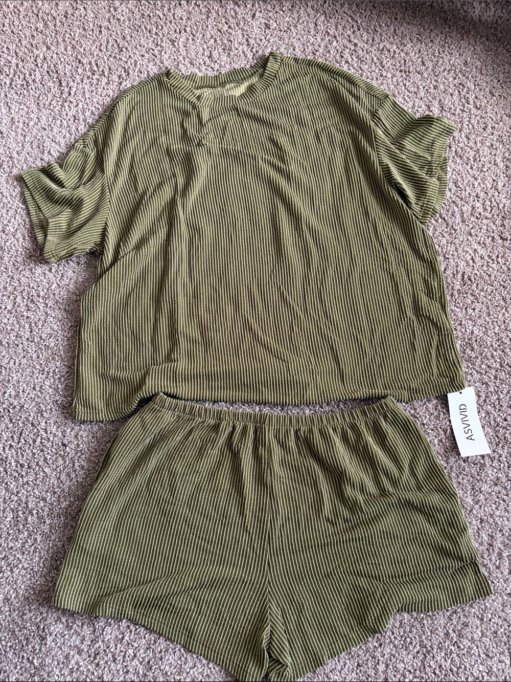 ASVIVID Olive Ribbed Two-Piece Lounge Set - Women's